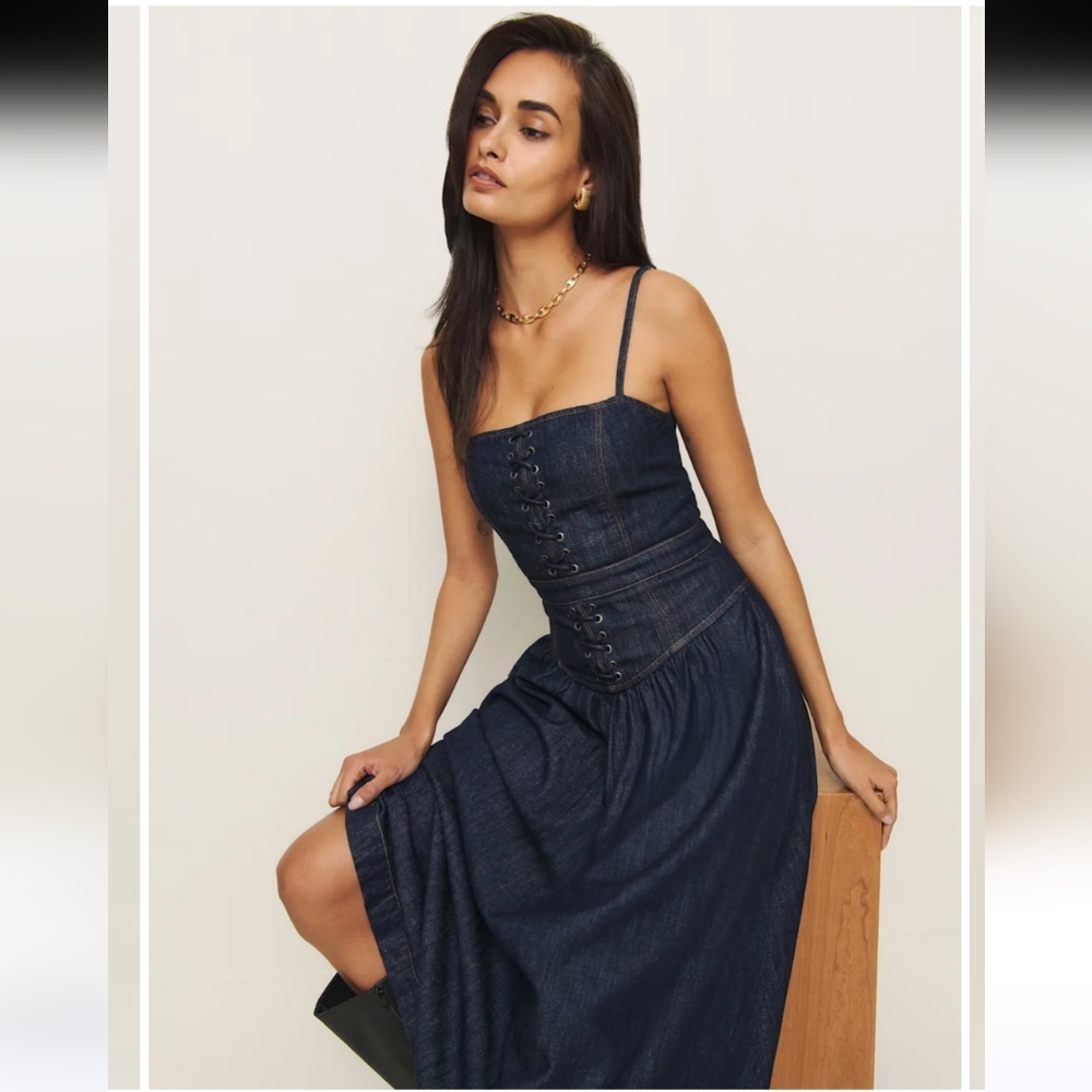 Reformation Dark Indigo Denim Midi Dress with Lace-Up Bodice